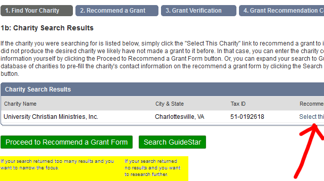 Step 1b - Charity Search Results Step 1b - Charity Search Results