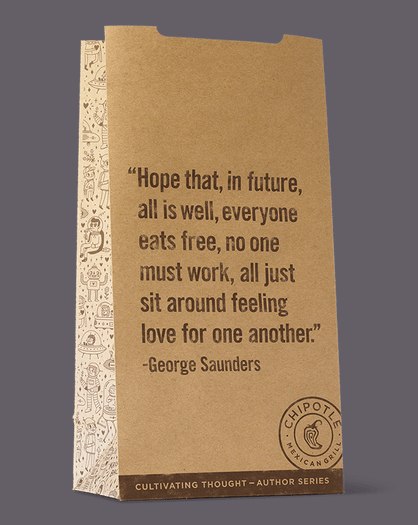 Chipotle bag featuring "Two-Minute Note to the Future" by George Saunders