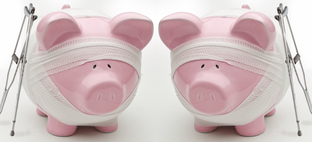 Injured piggy bank with crutches