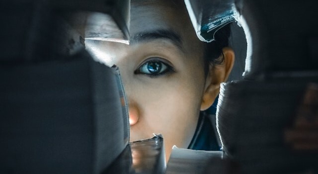 Stacks of books create a window through which we can see a specific human.